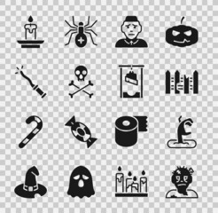 Poster - Set Zombie mask, hand, Garden fence wooden, Priest, Skull on crossbones, Magic wand, Burning candle and Guillotine icon. Vector