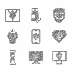 Sticker - Set Psychologist online, Psychology, Psi, Old hourglass, Anger, Comedy theatrical mask and Rorschach test icon. Vector