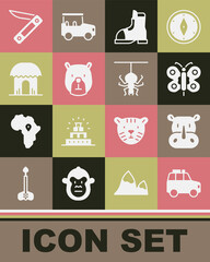 Sticker - Set Car, Rhinoceros, Butterfly, Hunter boots, Bear head, African hut, Swiss army knife and Spider icon. Vector