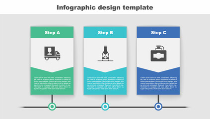 Sticker - Set Wine truck, Champagne bottle and Cardboard box of wine. Business infographic template. Vector