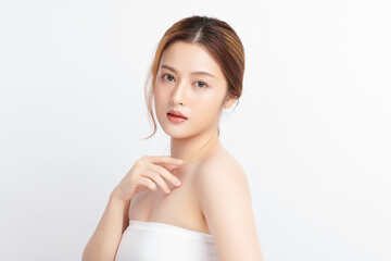 beautiful young asian woman with clean fresh skin on white background, face care, facial treatment, 