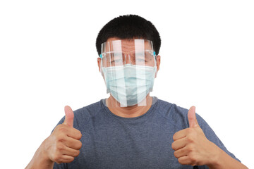 man wearing face mask and show 2 hand thump up means flighting with Coronavirus