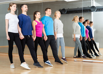 Positive adults forming line while rehearsing traditional Irish stepdance in dance studio