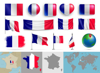 Wall Mural - set of france flags of various shapes and maps. realistic waving french flag on pole, table flag, gl
