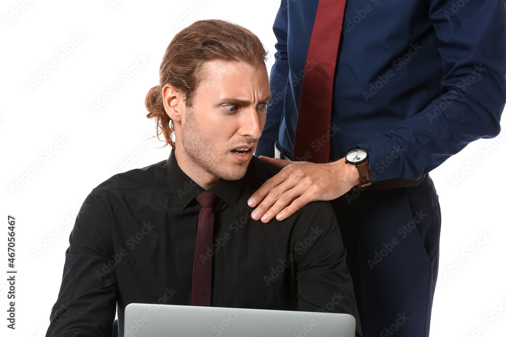 Man harassing his male colleague on white background