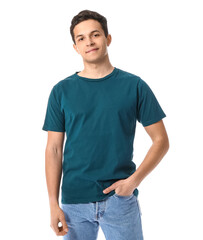 Canvas Print - Handsome young man in stylish t-shirt on white background