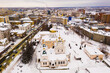 Winter aerial view of Orthodox Holy Trinity Monastery in snow covered Penza city in Russia