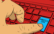 Sabbatical leave words on computer keyboard. Man push keypad on laptop. Comic book style concept. Break from job stress concept.