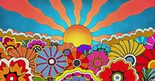 A Pop Art Retro Flowers And Sunburst Animated Illustration In The Style Of Vintage 1960s Or 1970s Psychedelic Artwork. The View Slowly Zooms In Across The Bed Of Flowers Towards The Wavy Sun Rays.