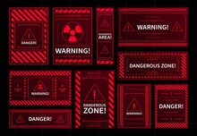 Danger And Dangerous Zone Warning Red Frames. Vector HUD Interface Caution Message Holograms, Warning And Attention Windows Of Radiation Hazard Area And High Voltage Zone, Skulls And Exclamation Sign