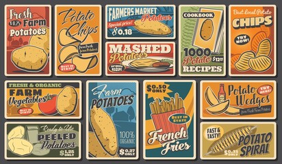 Wall Mural - Potato food products, french fries, wedges and chips, vector vintage retro posters. Farm food vegetables and market products, mashed potatoes and tomato ketchup, organic agriculture harvest