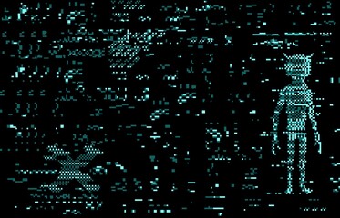 Leinwandbilder - Glitch error screen distortion with alien. Digital pixel noise vector background with blue neon silhouette of humanoid alien, tv static screen texture and no signal effect pattern
