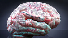 Hypnagogic hallucinations in human brain, hundreds of terms related to Hypnagogic hallucinations projected onto a cortex to show broad extent of this condition, 3d illustration