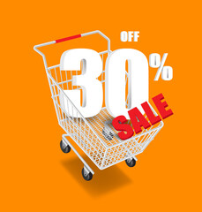 Wall Mural - 30% off and sale text 3d in a shopping cart and all object floating in the air for advertising promotion sale,vector 3d isolated on orange background