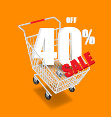 Wall Mural - 40% off and sale text 3d in a shopping cart and all object floating in the air for advertising promotion sale,vector 3d isolated on orange background