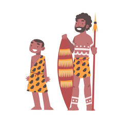 Sticker - African Aboriginal Man Father with His Son Dressed in Traditional Animal Skin Standing with Spear and Shield Vector Illustration