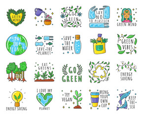  Cute ecology sticker set. Environmental emoticons, person with green mind, go vegan, save Earth or planet, recycle symbol vector illustrations isolated on white background. Nature, environment concept