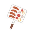 BBQ grilling basket with handle. Metal barbecue device with food, sausages, vegetables and mushrooms. Barbeque equipment with frankfurters. Flat vector illustration isolated on white background