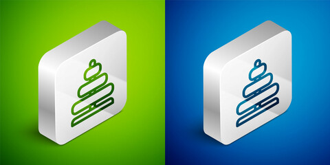 Poster - Isometric line Pyramid toy icon isolated on green and blue background. Silver square button. Vector