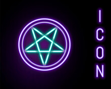 Glowing Neon Line Pentagram In A Circle Icon Isolated On Black Background. Magic Occult Star Symbol. Colorful Outline Concept. Vector