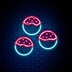 Poster - Glowing neon line Takoyaki icon isolated on brick wall background. Japanese street food. Colorful outline concept. Vector