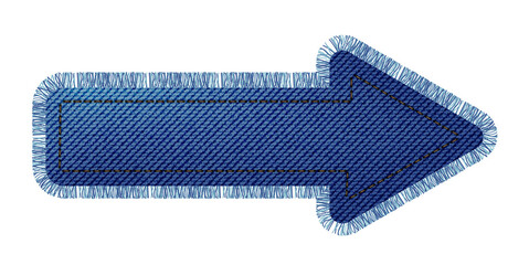Denim patch in the shape of an arrow with fringe. Light blue denim. Textile texture modern label. Vector realistic illustration.
