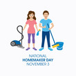 National Homemaker Day vector. Young couple cleaning home vector. Cheerful man and woman cleaner with household tools icon. Homemaker Day Poster, November 3. Important day