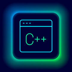 Sticker - Glowing neon line Software, web developer programming code icon isolated on black background. Javascript computer script random parts of program code. Colorful outline concept. Vector