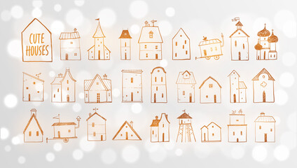  Collection of doodle houses on white glowing background.