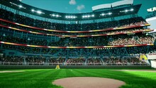 Empty Stadium Arena With Animated Fans Crowd In The Sunny Day Lights. Waving Flags Around. High Quality 4k Footage Render