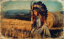 Beautiful Shamanic Girl In The Nature With A Bow.