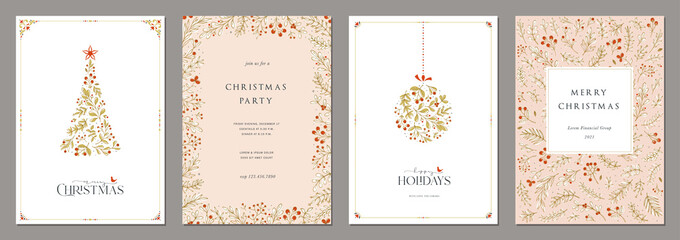 Wall Mural - Corporate Holiday cards with Christmas tree and Christmas ornament, birds, floral modern frame, background and copy space. Universal artistic templates.