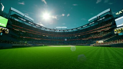 Wall Mural - empty stadium arena with animated fans crowd in the sunny day lights. waving flags around. High quality 4k footage render