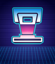 Retro Style Stage Stand Or Debate Podium Rostrum Icon Isolated Futuristic Landscape Background. Conference Speech Tribune. 80s Fashion Party. Vector
