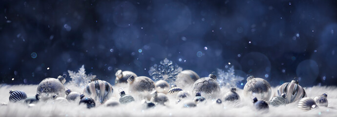 Wall Mural - Christmas Balls In Night On White - Silver Ornament In Abstract Defocused Background