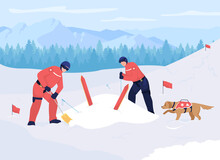 Avalanche Rescue Flat Color Vector Illustration. Saving Deeply Buried In Snow Skier. Skiing Accident. Rescuers With Avalanche Dog 2D Cartoon Characters With Snowy Mountains On Background
