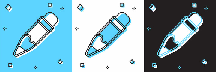 Sticker - Set Pencil with eraser icon isolated on blue and white, black background. Drawing and educational tools. School office symbol. Vector