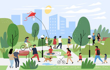People At Park Walk Leisure Outdoor Summer Time. Cartoon Vector Characters