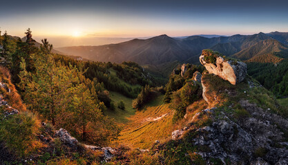 Wall Mural - forest and rocks mountain with sun at beautifull sunset - panorama, slovakia