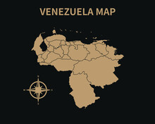Detailed Old Vintage Map Of Venezuela With Compass And Region Border Isolated On Dark Background, Vector Illustration EPS 10
