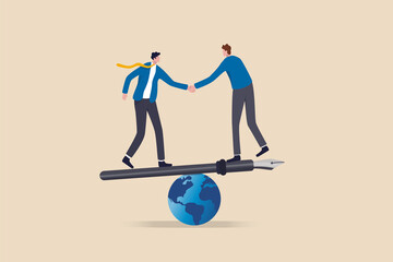 Diplomacy, world agreement or treaty between countries, global partnership, politics or world peace contract signing concept, businessman world leader handshake on fountain pen seesaw on world globe.