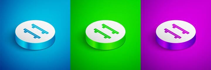 Sticker - Isometric line Empty wooden shelves icon isolated on blue, green and purple background. White circle button. Vector