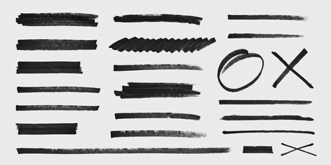 Realistic Rough Black Marker Brush Ink Line Stroke Set Isolated Collection. Grunge Paper Texture.