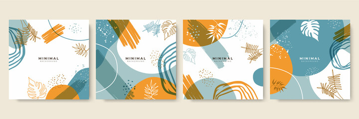 Wall Mural - Trendy abstract square art templates with floral and geometric elements. Tan, nude champagne, peach, pink, brown, beige, Design for social media post, mobile apps\, banner design and web/internet ad.