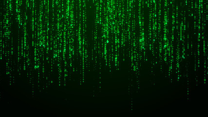 Technology binary code. Random falling digits on screen. Hacked software. Matrix sciense background. Big data analytics. 3D rendering.