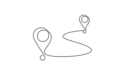 Poster - Continuous one line drawing of path and Location pointers. Simple pins on way between two points in thin Linear style. Gps navigation and Travel concept. Doodle vector illustration