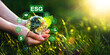 Hand holding crystal globe with network connection and ESG icons. Environment social and governance in sustainable and ethical business.Using technology of renewable resource to reduce pollution