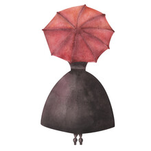 Watercolor Hand Painted Illustration Of Woman In Black Dress With Open Red Umbrella And Big Skirt, Standing Or Walking In The Rain. Isolated Style Clip Art For Design Fashion Postcards, Textile Print