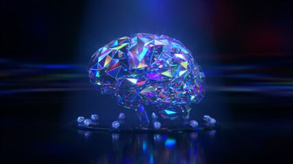 The diamond brain rotates on a black background. Artificial intelligence concept. 3d illustration