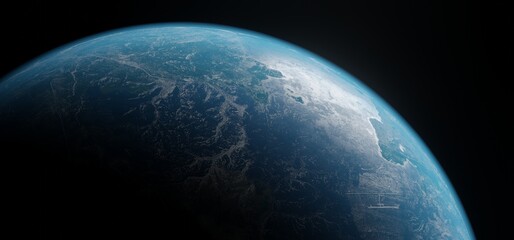  Panoramic space planets background. Panorama of distant solar system with exoplanets 3D rendering